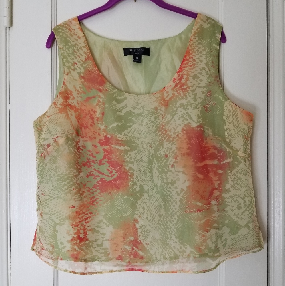 SURREAL suit green orange sleeveless overlay lined blouse